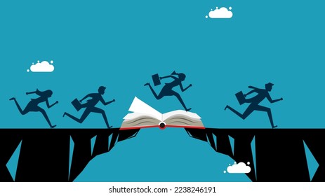 El conocimiento crea oportunidades. grupo de empresarios corriendo por la brecha a través de un libro