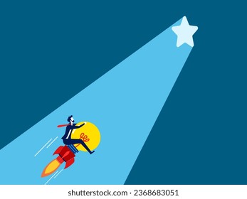 Knowledge creates success. Businessman driving a lightbulb rocket heading towards the star door