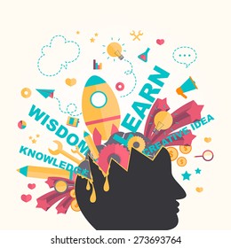 Knowledge and creativity icons flow from a man head in infographic design, create by vector