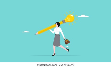 knowledge, creativity or innovation to create business success, experience or business skill, Businesswoman carrying huge shining light bulb combined with graphite pencil illustration