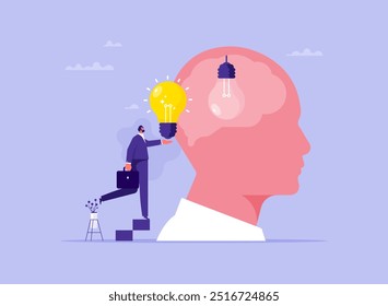 Knowledge or creativity to solve problem concept, intelligence, literature or education to success in work, businessman replace new lightbulb idea on the brain in head