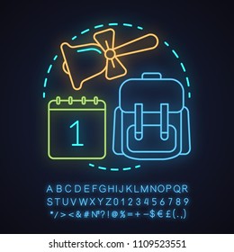 Knowledge Day neon light concept icon. Back to school idea. September 1st. Student's backpack, calendar, school bell. Glowing sign with alphabet, numbers and symbols. Vector isolated illustration