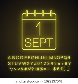 Knowledge day neon light icon. Autumn holiday. Calendar. First day of September. Glowing sign with alphabet, numbers and symbols. Vector isolated illustration