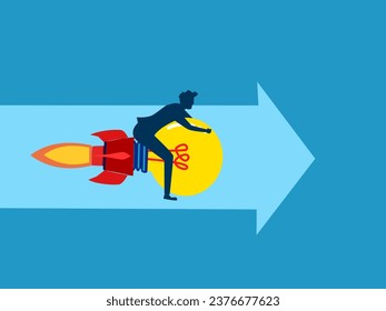Knowledge development. Businessman driving a lightbulb rocket flies along the arrow heading forward
