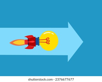 Knowledge development. Lightbulb rocket flies along the arrow heading forward