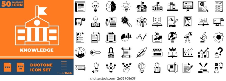 Conjunto de ícones editáveis do Knowledge Duotone. Ilustração vetorial em estilo duotônico fino moderno de ícones de conhecimento: conhecimento, faculdade, lista de tarefas, etc