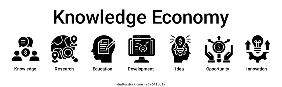 Concepto de Ilustración vectorial del icono del Web del Anuncio de la economía del conocimiento para el negocio con el icono del conocimiento, la investigación, la Educación, el desarrollo, la idea, la oportunidad.