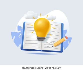Knowledge or education 3D render vector illustration, study or learning new skill, creativity or idea, reading book for inspiration, discover solution or literature, wisdom concept, open book
