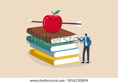 Knowledge, education, academic and scholarship concept, smart teacher or professor waiting to teaching class standing with archery arrow hitting right on red apple on stack of text books.
