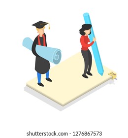 Knowledge and education concept. Learning online in university. Science and brainstorming. Isolated vector isometric illustration