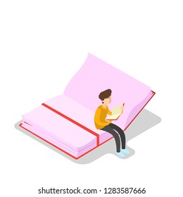 Knowledge and education concept. Learning online in university. Science and brainstorming. Isolated vector isometric illustration