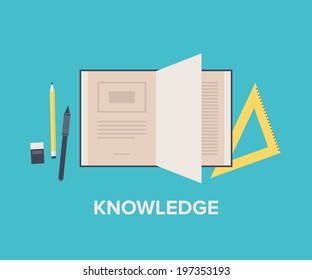 Knowledge And Education Concept With Open Book For Reading And Learning, Maths Equipment And Writing Text Tools. Flat Design Style Modern Vector Illustration. Isolated On Stylish Background.