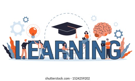  Konzept für Wissen und Bildung. Menschen, die an der Universität online lernen. Wissenschaft und Brainstorming. Flaches Vektorillustration-Illustration
