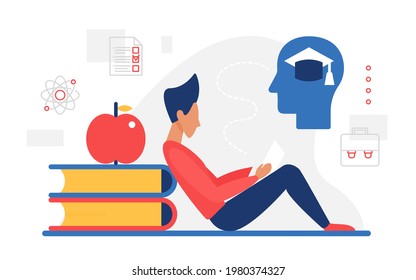 Knowledge education creative concept vector illustration. Cartoon graduate man or student character sitting with literature books and science, brain studying educational icons isolated on white
