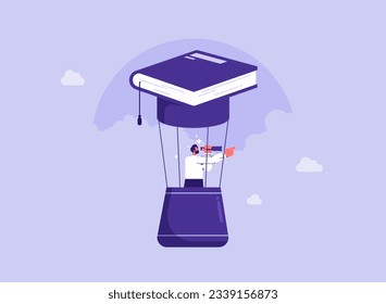 Knowledge or education to growth career path, working skill to success in work, learn new course for business success concept, businessman fly with graduation hat balloon and see future vision