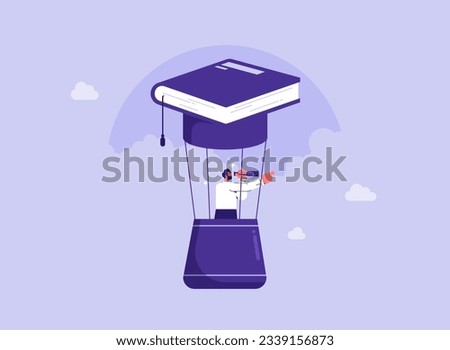 Knowledge or education to growth career path, working skill to success in work, learn new course for business success concept, businessman fly with graduation hat balloon and see future vision