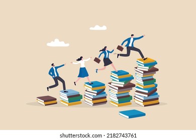 Knowledge or education to help business success, wisdom or learning to help employee achieve goal, training or education course concept, people running on growth book stack to achieve goal. - Shutterstock ID 2182743761