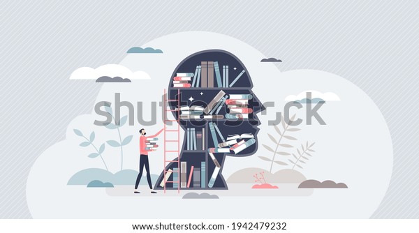 Knowledge or education as intelligence mind
experience tiny person concept. Information base as book library in
head vector illustration. Brain and mind training with smart
literature reading or
study