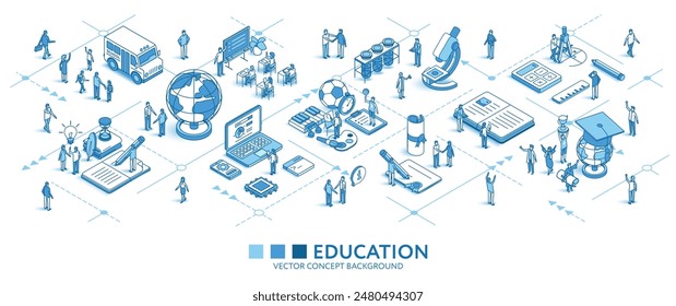 Knowledge, education isometric seamless pattern. Line 3d learn icons, people characters, arrow. School, University, business infograph. Vector background teamwork concept illustration. Student journey