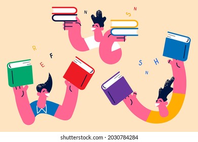 Knowledge, Education, learning alphabet concept. Young positive smiling children feeling happy with heap of books in hands and letters flying around vector illustration 