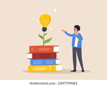 Knowledge. Education or learning new skill to success. Study or library. Wisdom to create new idea, creativity or innovation from reading books, smart young man with book stack with light bulb plant.