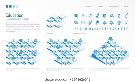 Wissen, Bildung modularen isometrischen Konstruktor. Nahtlose Musterbasis, Zeilensymbol, Zeichensatz. Entwickeln, Treppen hochwachsen, Teamwork-Konzept. Grundschule, Universitätsplattform. Geschäftsinformationen