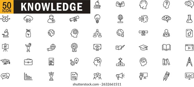 Knowledge and education outline icon set. Learning, research, brain, training, achievement, graduation, science.