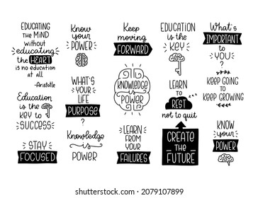 Knowledge and education quote vector design set. Hand written phrases for school or university student.