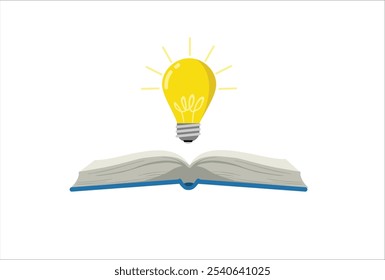 Conocimiento o educación, estudio o aprendizaje de nuevas habilidades, creatividad o idea, lectura de libros para inspirarse, descubrir soluciones o literatura, concepto de sabiduría, mano de libro abierto para descubrir la idea de la bombilla.