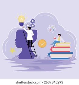 Knowledge or education vector illustration template graphic design. intelligence mind experience tiny person learning cartoon concept idea with background in flat style