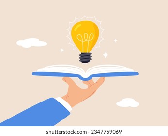 Knowledge or education, wisdom concept, study or learning new skill, creativity or idea, reading book for inspiration, discover solution or literature, hand hold open book to discover lightbulb idea.