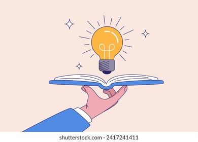 Knowledge or education, wisdom concept, study or learning new skill, creativity or idea, reading book for inspiration, discover solution or literature, hand hold open book to discover lightbulb idea.