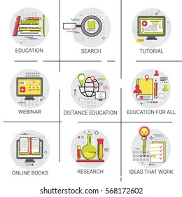 Knowledge Elearning Education Online Icon Set Search Research Business Idea Concept Vector Illustration