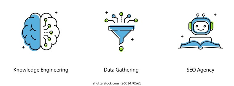 Knowledge Engineering Data Gathering Robot AI Learning Book Vector Icon Set