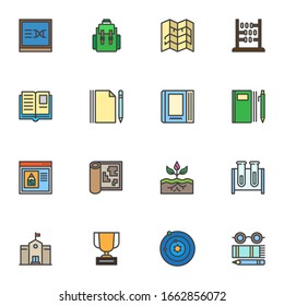 Knowledge filled outline icons set, line vector symbol collection, Education, Science linear colorful pictogram pack. Signs, logo illustration, Set includes icons as book, pen, pencil, chemical test