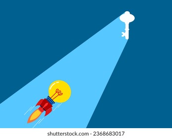 Knowledge finds success. rocket bulbs heading towards a illuminated padlock gate