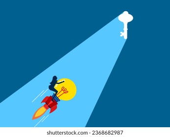 Knowledge finds success. women flies with rocket bulbs heading towards a illuminated padlock gate