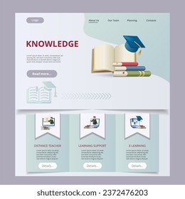 Knowledge flat landing page website template. Distance teacher, learning support, e-learning. Web banner with header, content and footer. Vector illustration.