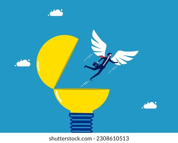 knowledge and freedom. Businessman with wings flying freely out of a light bulb