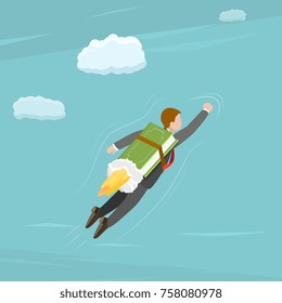 Knowledge is freedom flat isometric vector concept. Man is flying high to the sky using a book like a rocket attached to his back.