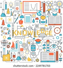 Knowledge gaining. Learning new skills, self development, education is power vector illustration on light background