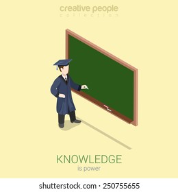 Knowledge gaining university high school graduation flat 3d web isometric infographic concept vector. Young student stands over empty blank dark blackboard with chalk. Creative people collection.