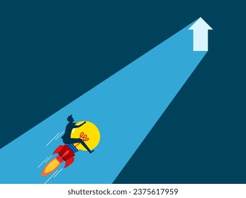 Knowledge grows. Businessman flies in lightbulb rocket heading towards the door with glowing arrows