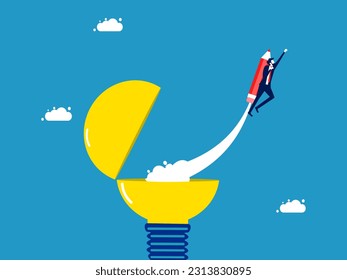 Knowledge grows. Businessman flying with a pencil out of a light bulb