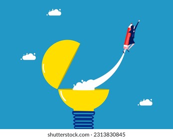 Knowledge grows. Businesswoman flying with a pencil out of a light bulb