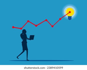 Knowledge grows. woman with laptop analyzing graphs and light bulbs