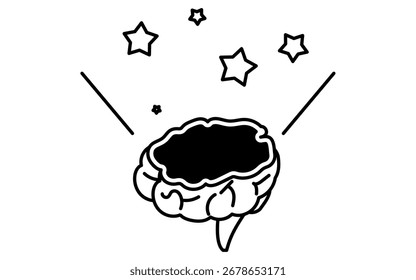 Ilustração do conceito de crescimento do conhecimento com o cérebro e estrelas cintilantes simbolizando ideias, preto e branco, Ilustração de vetor