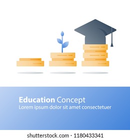 Knowledge growth, education concept, exam preparation, plant stem, books stack, vector icon, flat illustration