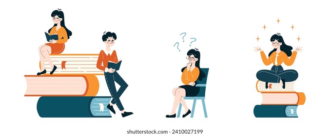 Knowledge Growth set. Individuals engrossed in reading, pondering, and meditating atop a pile of books. Lifelong learning and idea development. Flat vector illustration