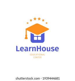 Knowledge house flat logo, university, college and school education symbol. Graduation cap on building, vector logotype